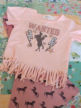 Girls Pink 'Wanted' Fringe Tee with Horse Graphic